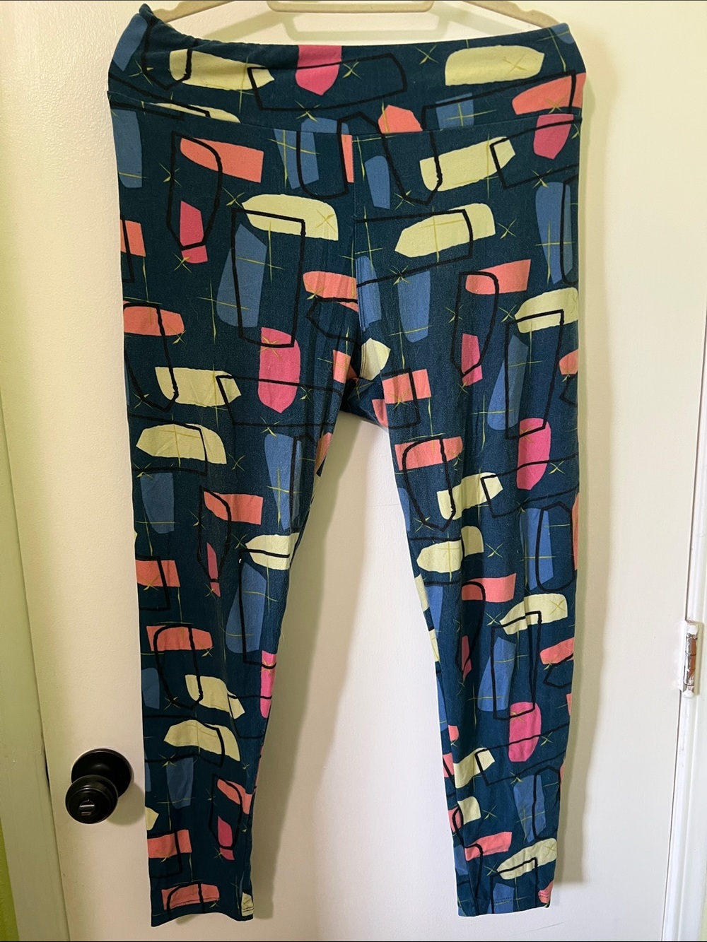 LuluRoe Navy Leggings with Pink & Yellow Geo Shapes Tall and Curvy